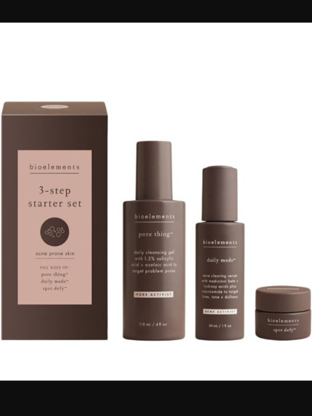 Bioelements 3-Step Acne Starter Set - Pore Thing Cleanser, Daily Meds, Spot Defy